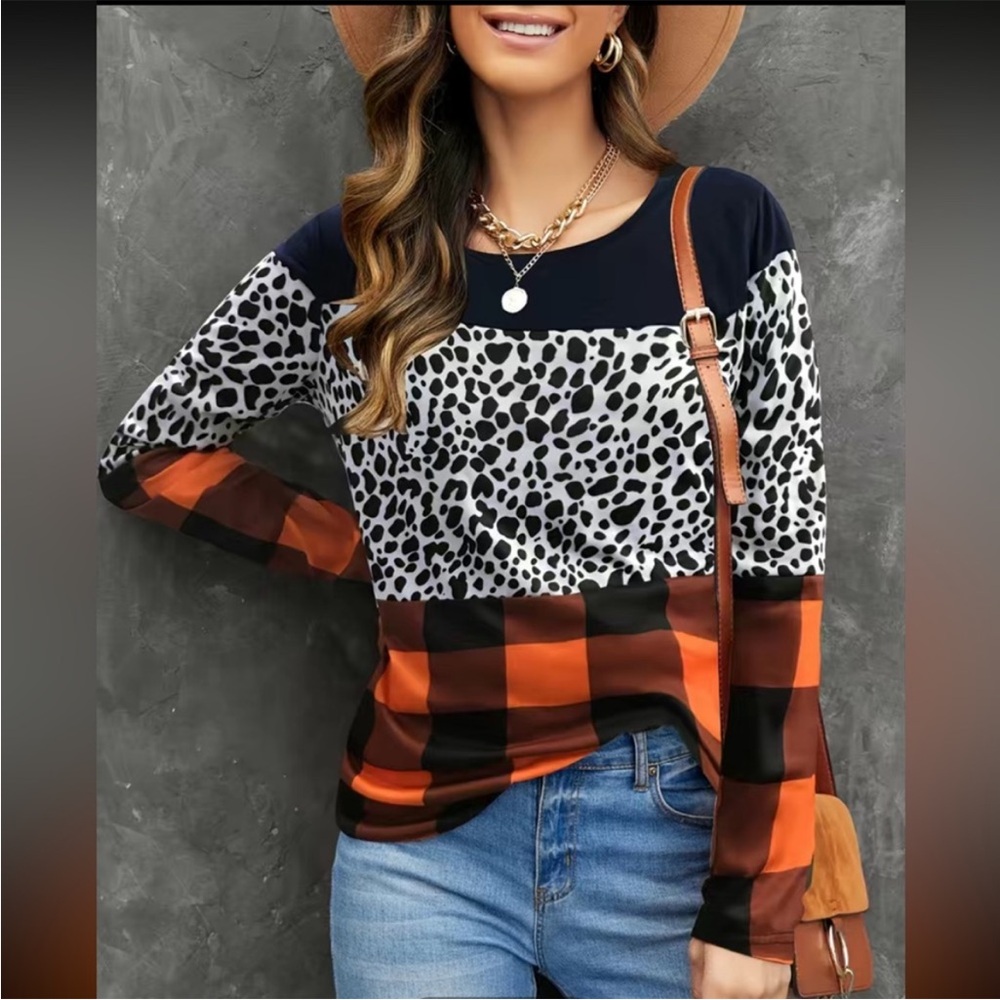 Stylish Leopard Color Block Crew Neck Long Sleeve T-Shirt XXL Boutique New